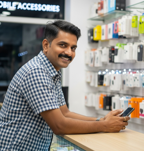 A man in his mobile accessory shop
